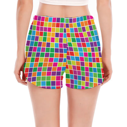 Rainbow Squares Pattern Print Women's Split Running Shorts