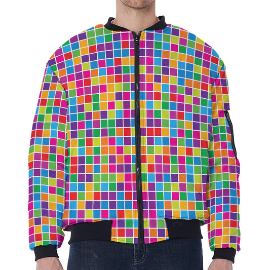 Rainbow Squares Pattern Print Zip Sleeve Bomber Jacket