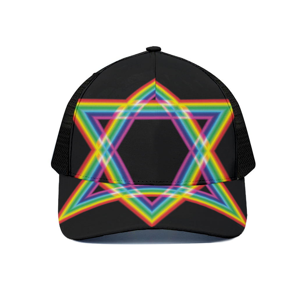 Rainbow Star of David Print Black Mesh Trucker Cap