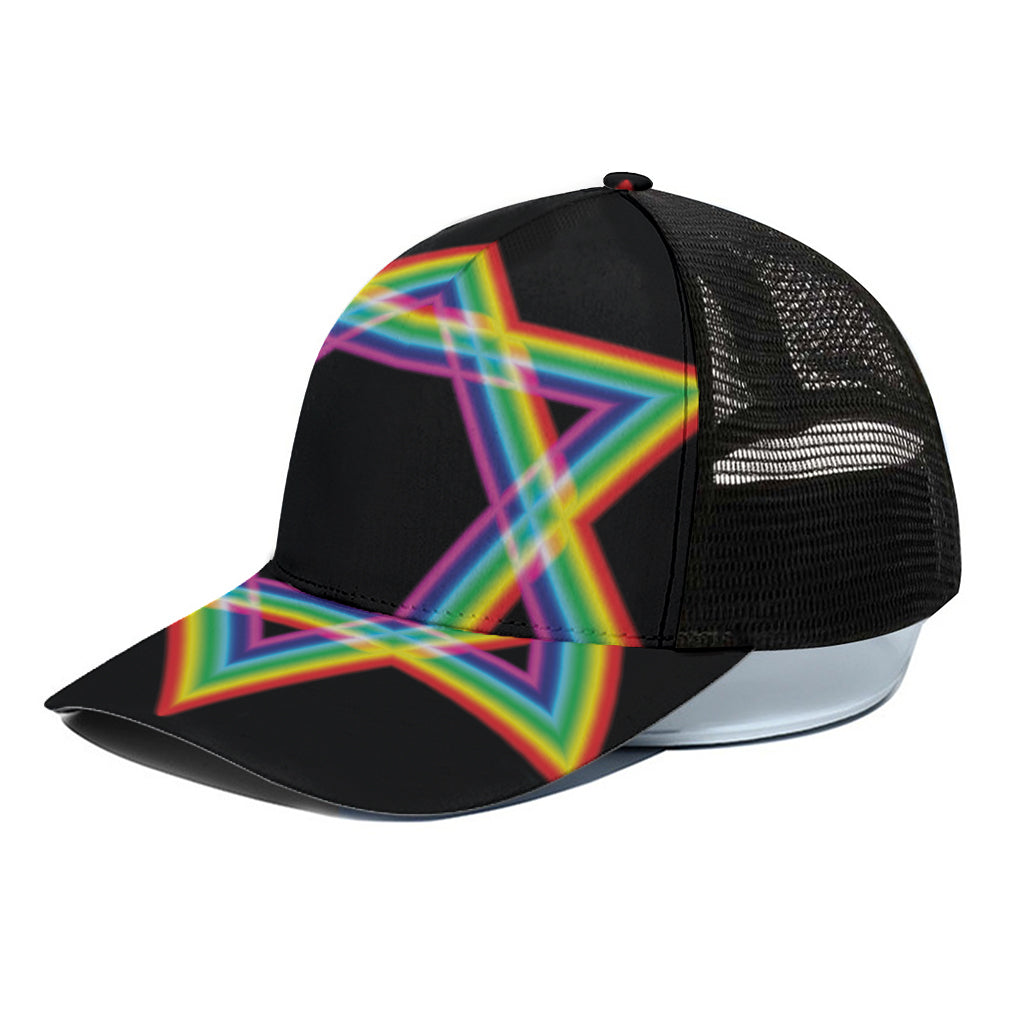 Rainbow Star of David Print Black Mesh Trucker Cap