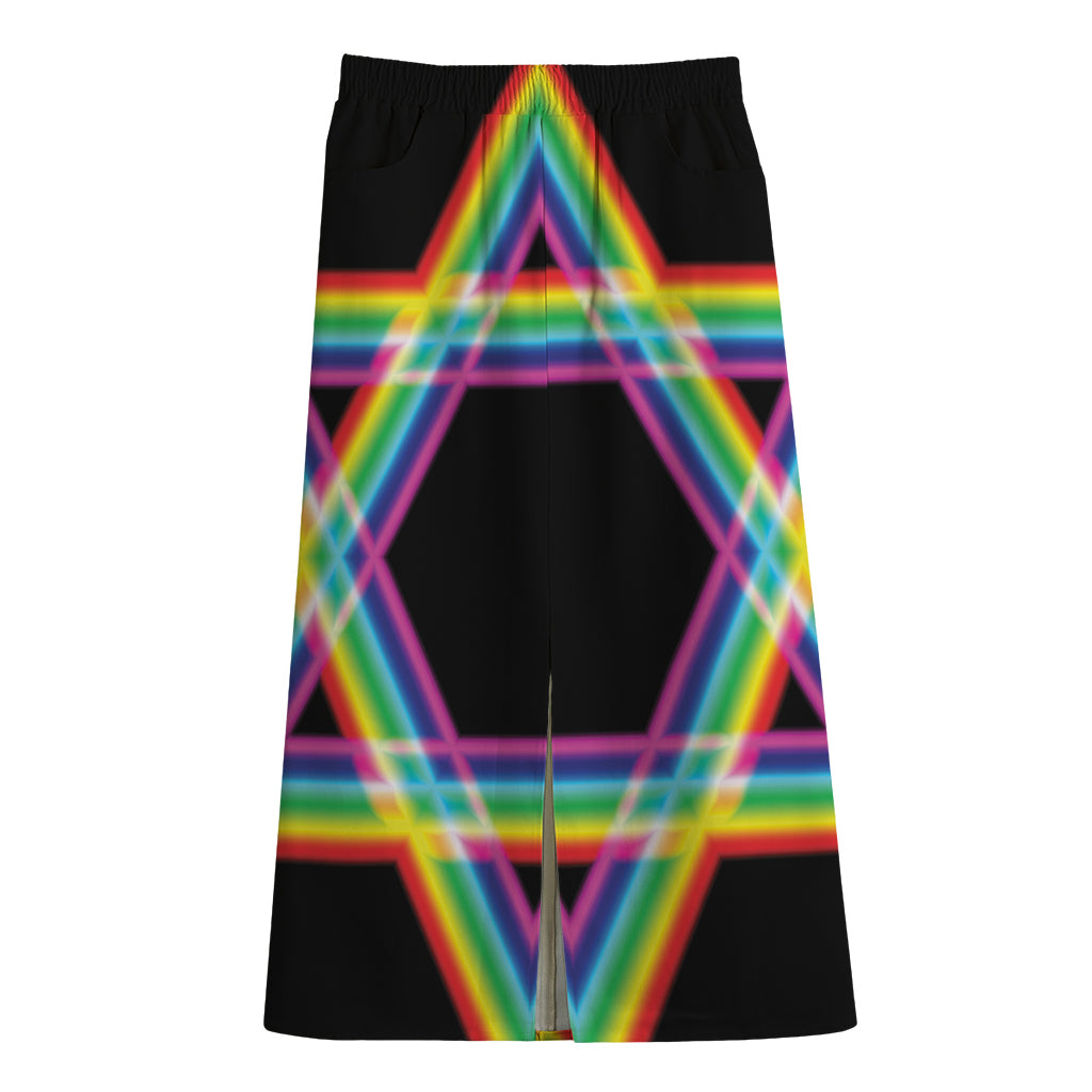 Rainbow Star of David Print Cotton Front Slit Maxi Skirt