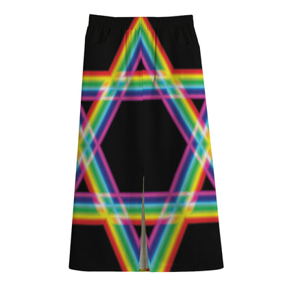 Rainbow Star of David Print Cotton Front Slit Maxi Skirt