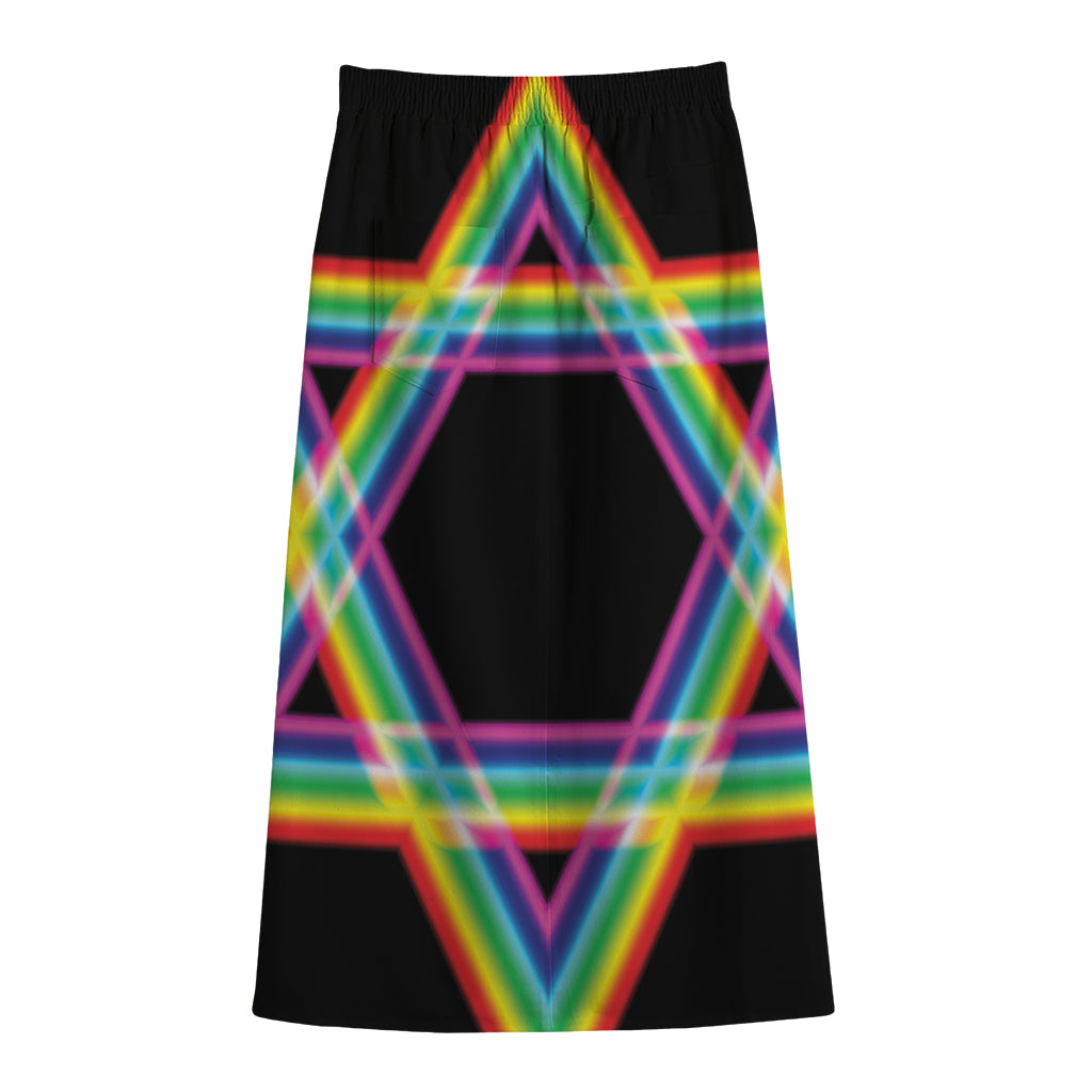 Rainbow Star of David Print Cotton Front Slit Maxi Skirt