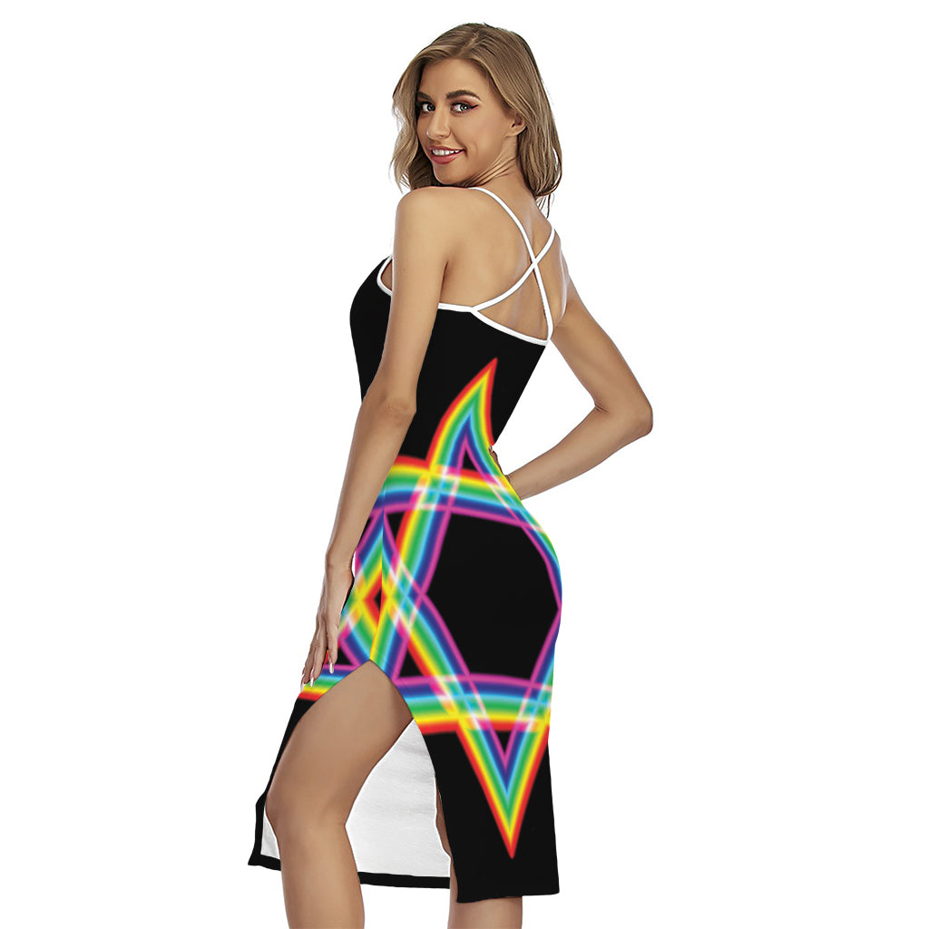 Rainbow Star of David Print Cross Back Cami Dress