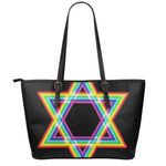 Rainbow Star of David Print Leather Tote Bag