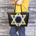 Rainbow Star of David Print Leather Tote Bag