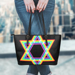 Rainbow Star of David Print Leather Tote Bag
