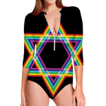 Rainbow Star of David Print Long Sleeve Swimsuit