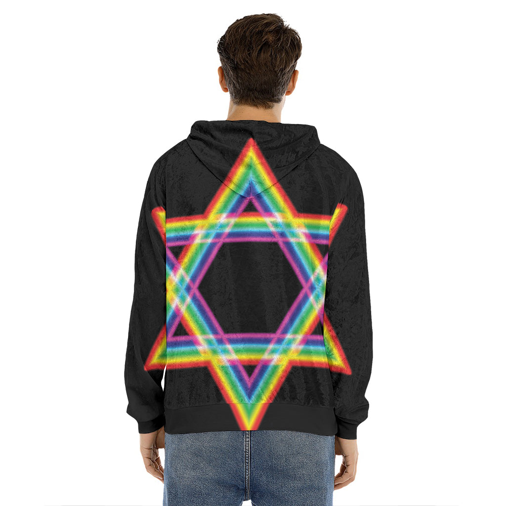 Rainbow Star of David Print Men's Velvet Pullover Hoodie