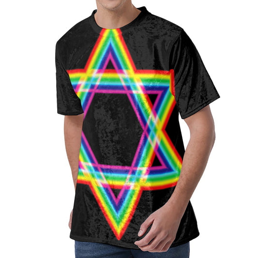 Rainbow Star of David Print Men's Velvet T-Shirt