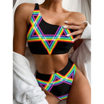 Rainbow Star of David Print One Shoulder Bikini Top