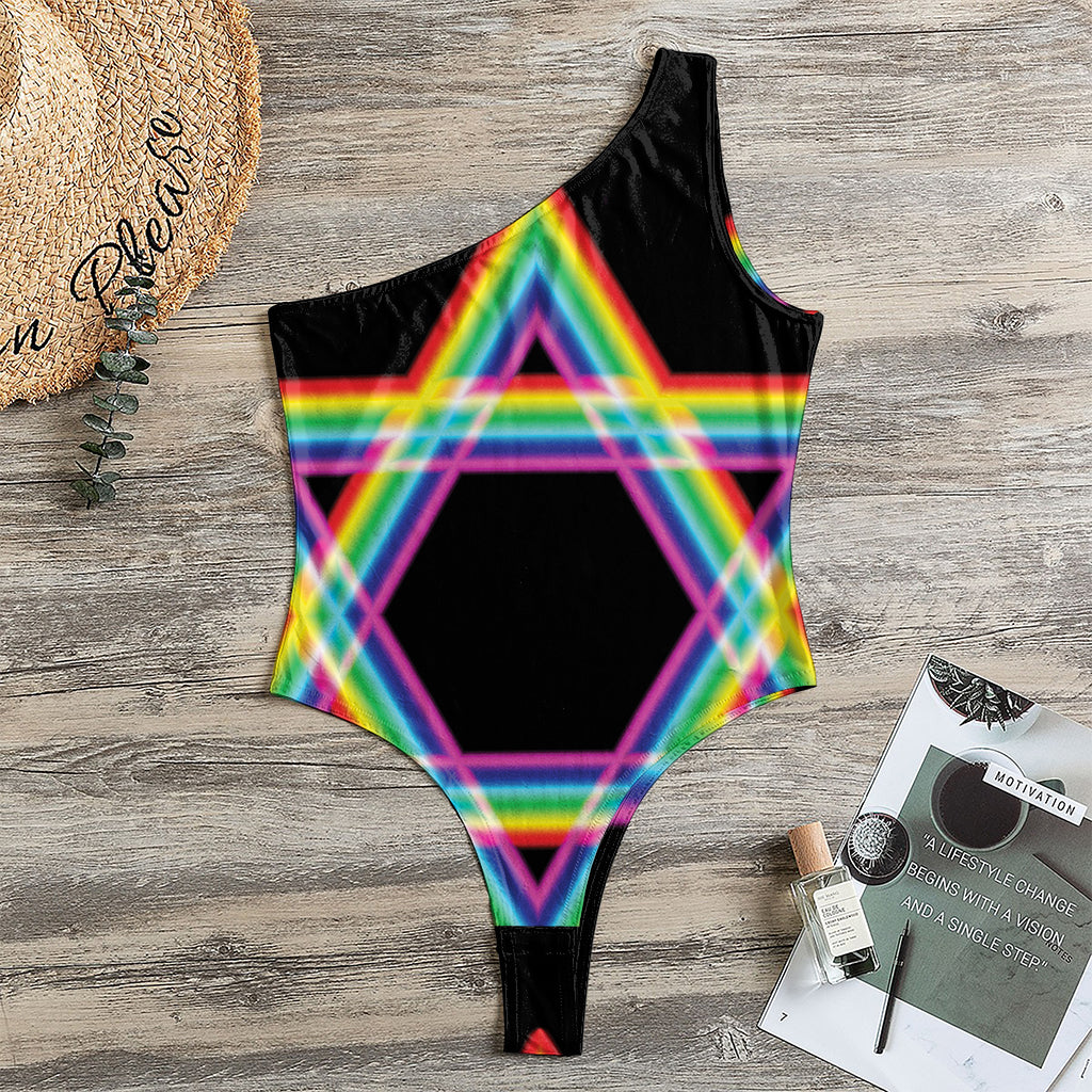 Rainbow Star of David Print One Shoulder Bodysuit