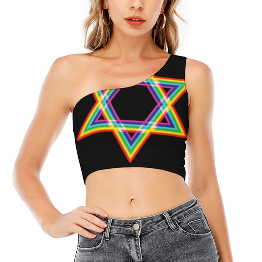 Rainbow Star of David Print One Shoulder Crop Top