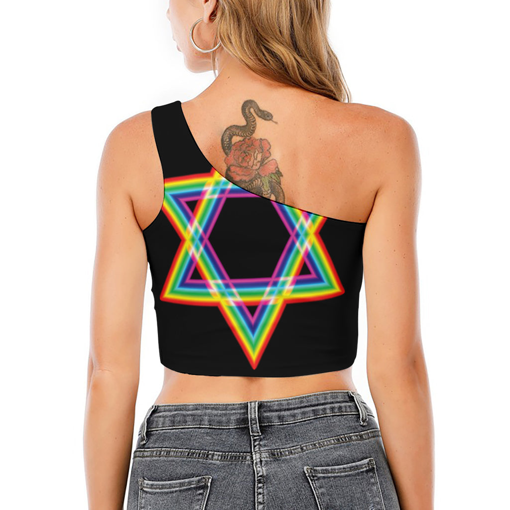Rainbow Star of David Print One Shoulder Crop Top