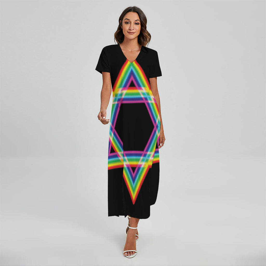 Rainbow Star of David Print Short Sleeve Maxi Dress
