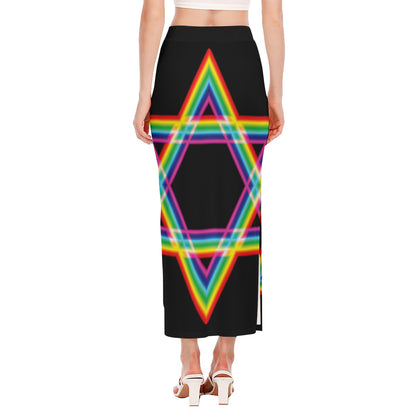 Rainbow Star of David Print Side Slit Maxi Skirt