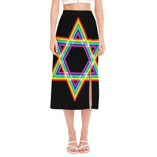Rainbow Star of David Print Side Slit Midi Skirt