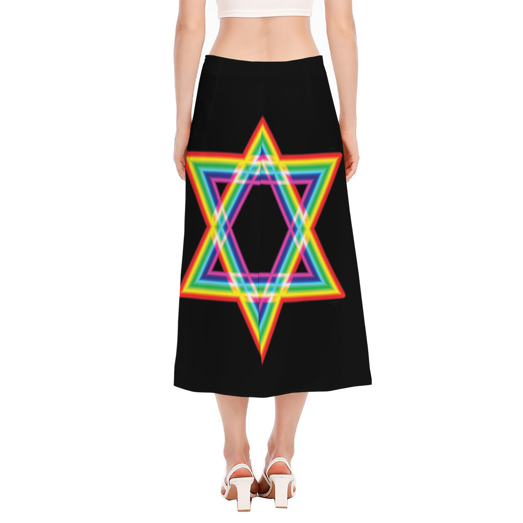 Rainbow Star of David Print Side Slit Midi Skirt