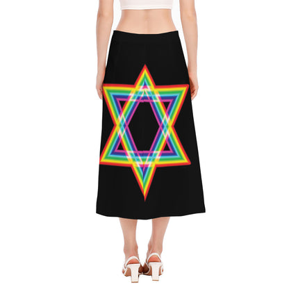 Rainbow Star of David Print Side Slit Midi Skirt