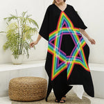 Rainbow Star of David Print Silk V-Neck Kaftan Dress