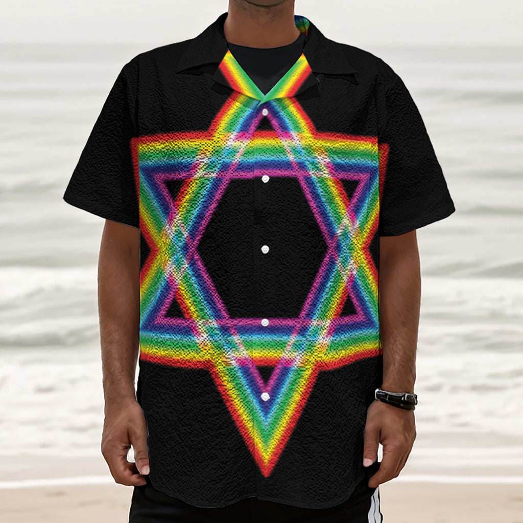 Rainbow Star of David Print Textured Short Sleeve Shirt