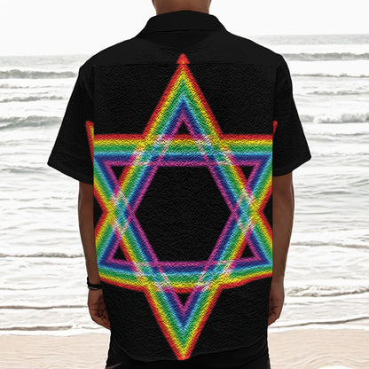 Rainbow Star of David Print Textured Short Sleeve Shirt
