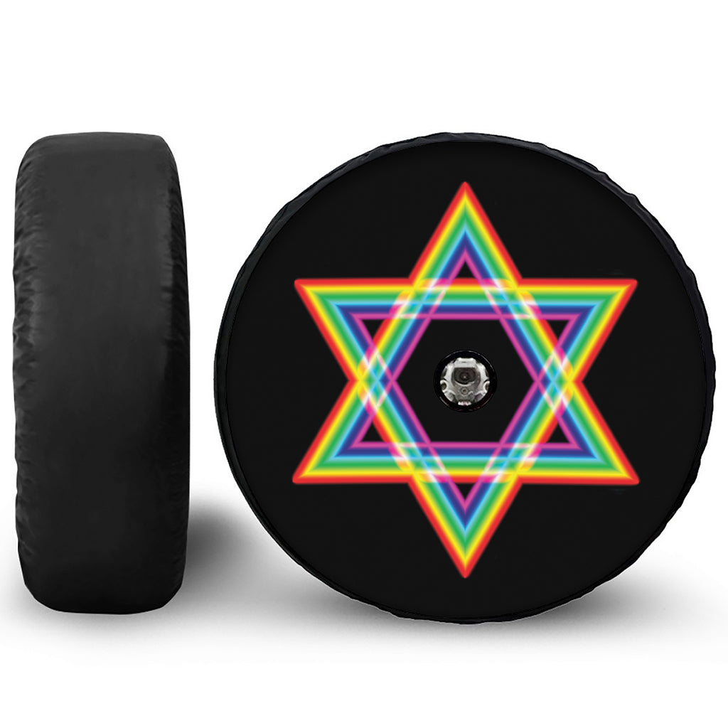 Rainbow Star of David Print Tire Cover With Camera Hole