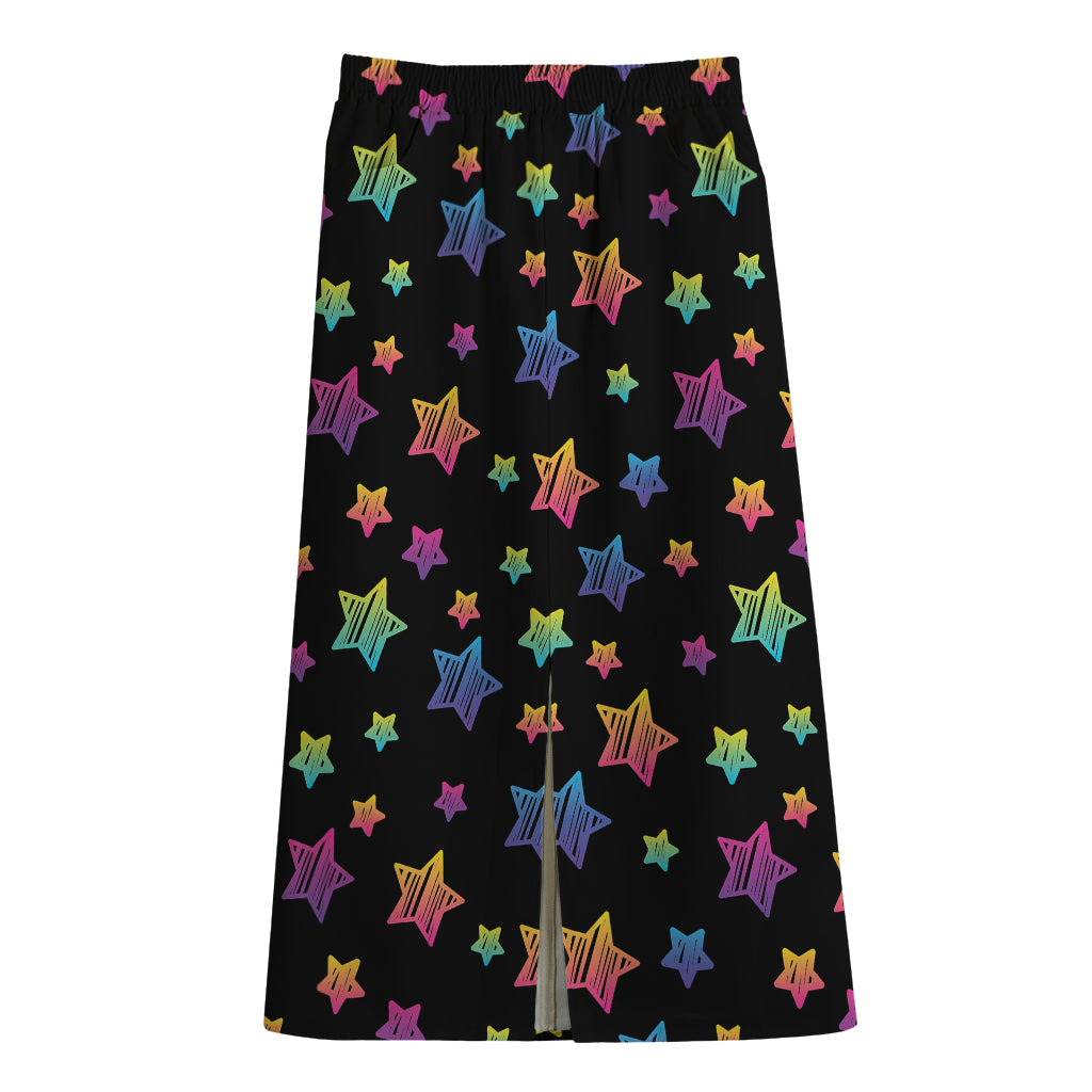 Rainbow Stars Pattern Print Cotton Front Slit Maxi Skirt