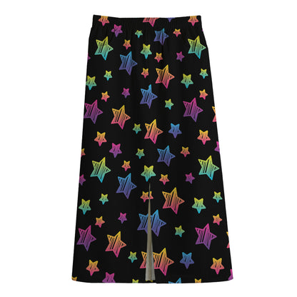 Rainbow Stars Pattern Print Cotton Front Slit Maxi Skirt