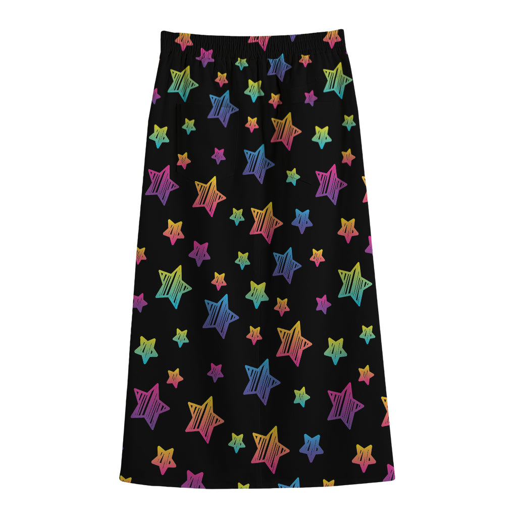Rainbow Stars Pattern Print Cotton Front Slit Maxi Skirt