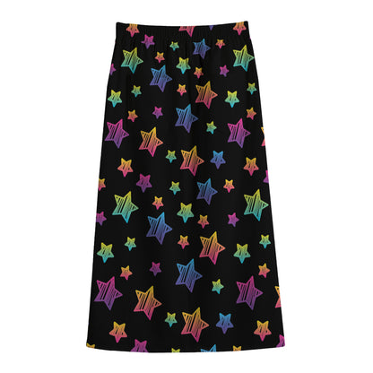 Rainbow Stars Pattern Print Cotton Front Slit Maxi Skirt