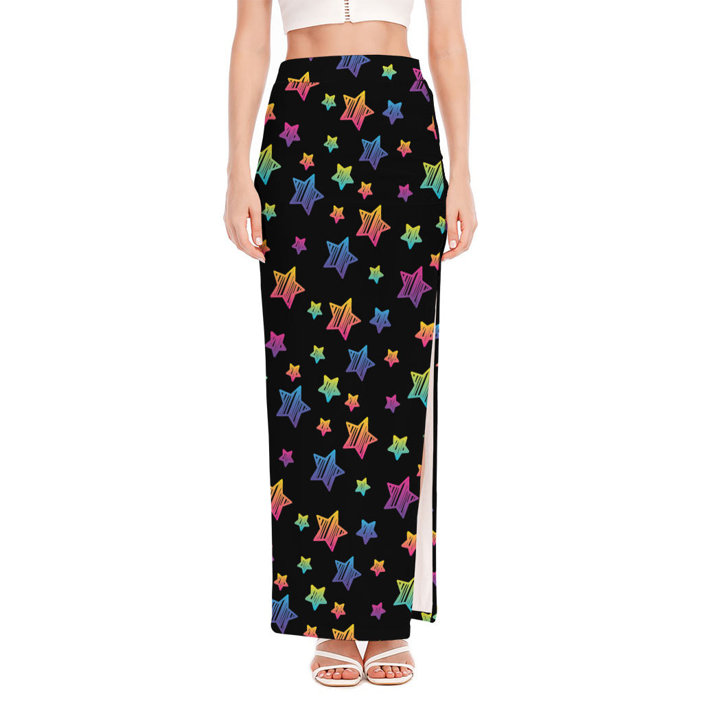 Rainbow Stars Pattern Print High Slit Maxi Skirt