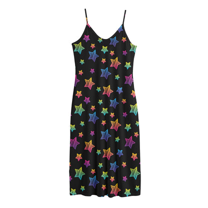 Rainbow Stars Pattern Print Jersey Midi Cami Dress