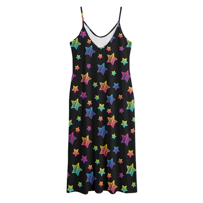Rainbow Stars Pattern Print Jersey Midi Cami Dress