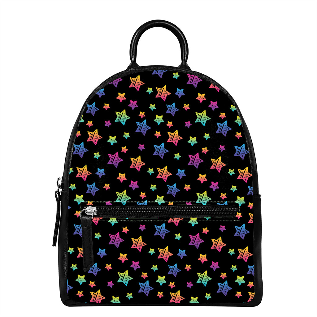 Rainbow Stars Pattern Print Leather Backpack