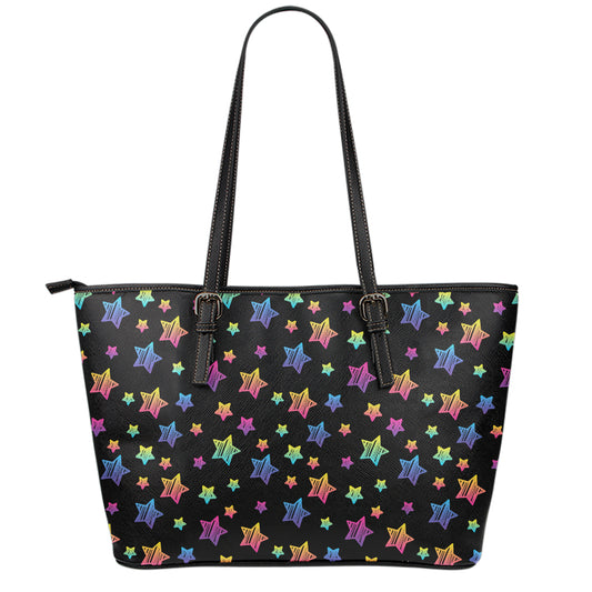 Rainbow Stars Pattern Print Leather Tote Bag