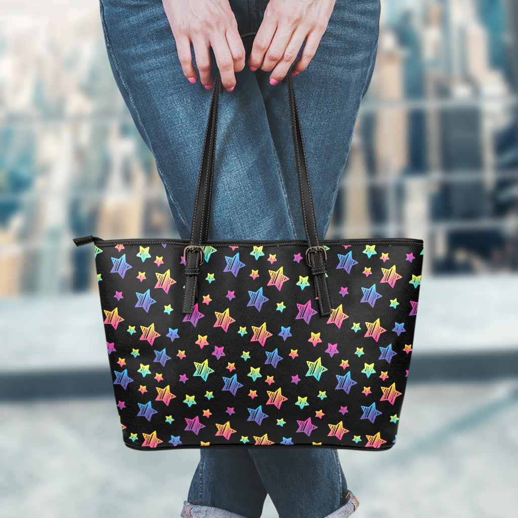 Rainbow Stars Pattern Print Leather Tote Bag