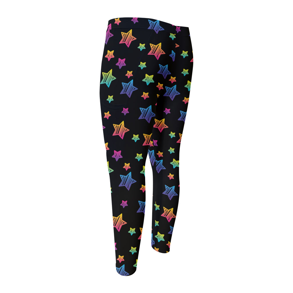 Rainbow Stars Pattern Print Men's Compression Pants