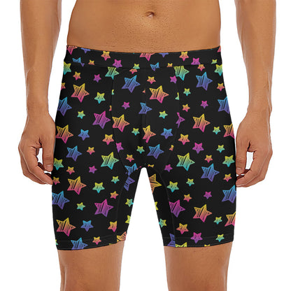 Rainbow Stars Pattern Print Men's Long Boxer Briefs