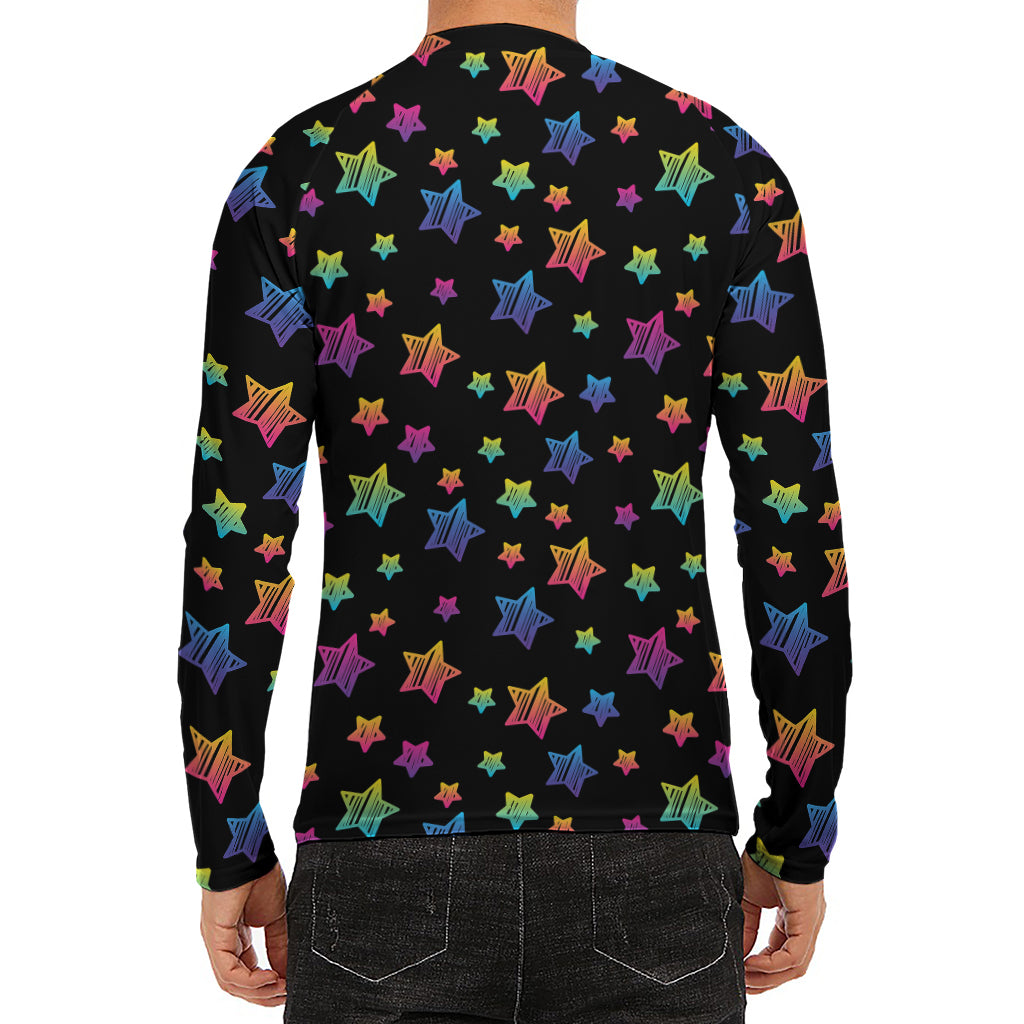 Rainbow Stars Pattern Print Men's Long Sleeve Rash Guard