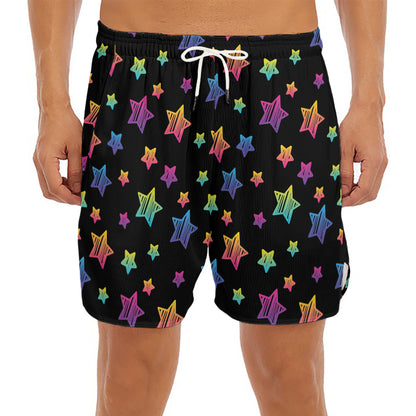 Rainbow Stars Pattern Print Men's Split Running Shorts