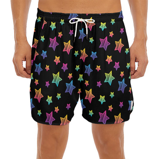 Rainbow Stars Pattern Print Men's Split Running Shorts