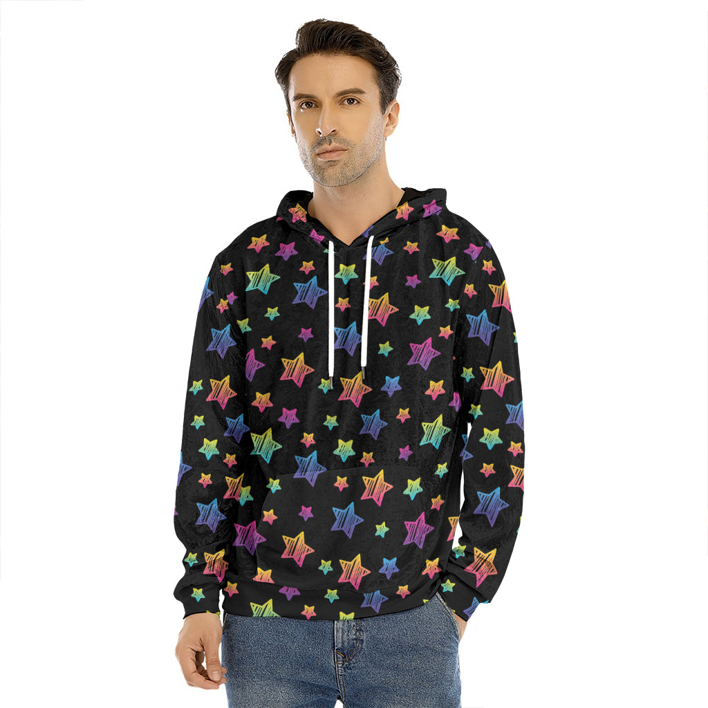 Rainbow Stars Pattern Print Men's Velvet Pullover Hoodie