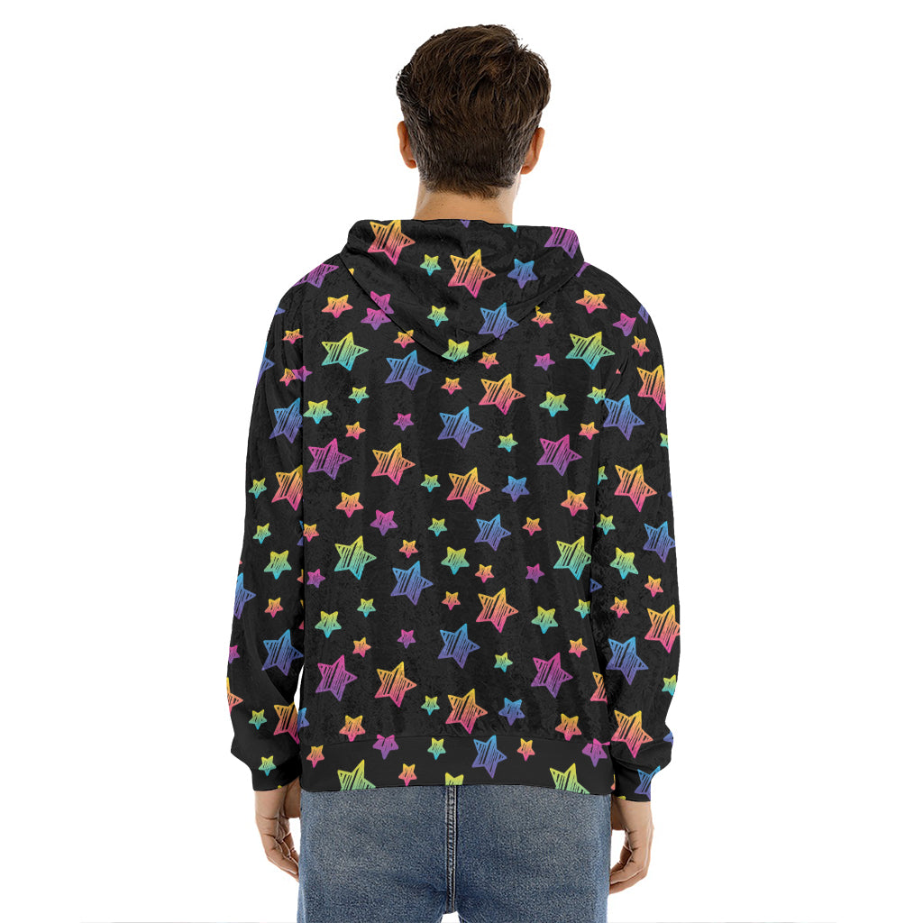 Rainbow Stars Pattern Print Men's Velvet Pullover Hoodie