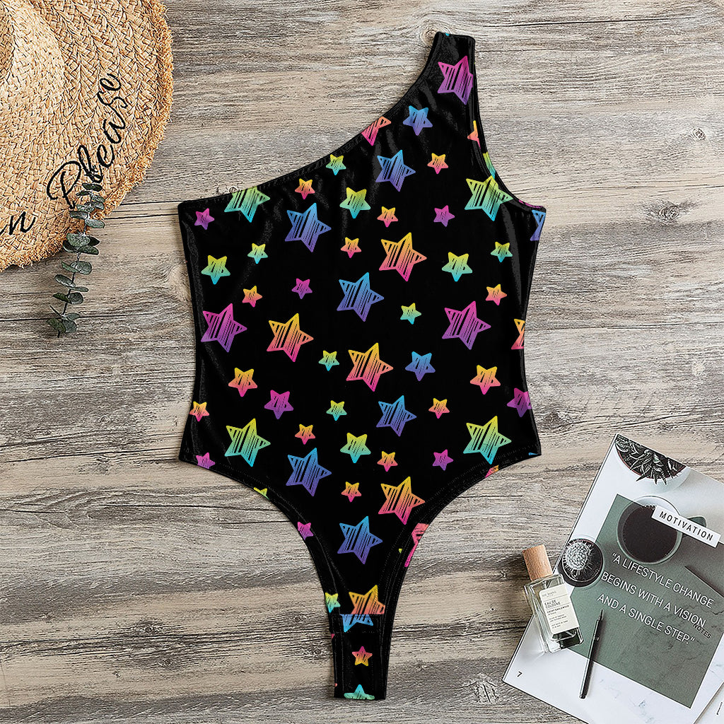 Rainbow Stars Pattern Print One Shoulder Bodysuit