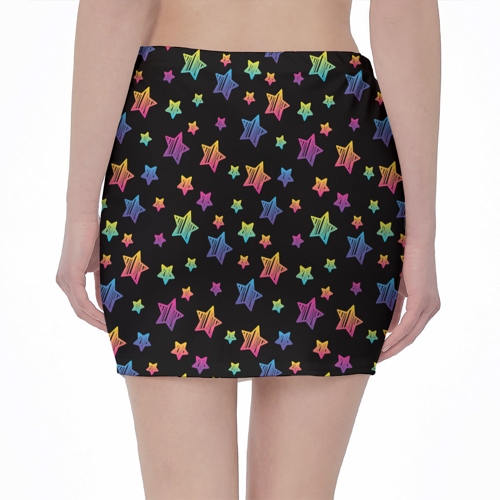 Rainbow Stars Pattern Print Pencil Mini Skirt