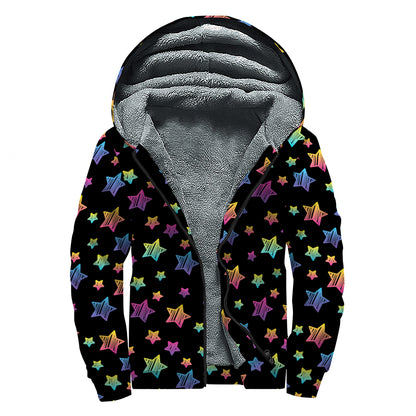 Rainbow Stars Pattern Print Sherpa Lined Zip Up Hoodie