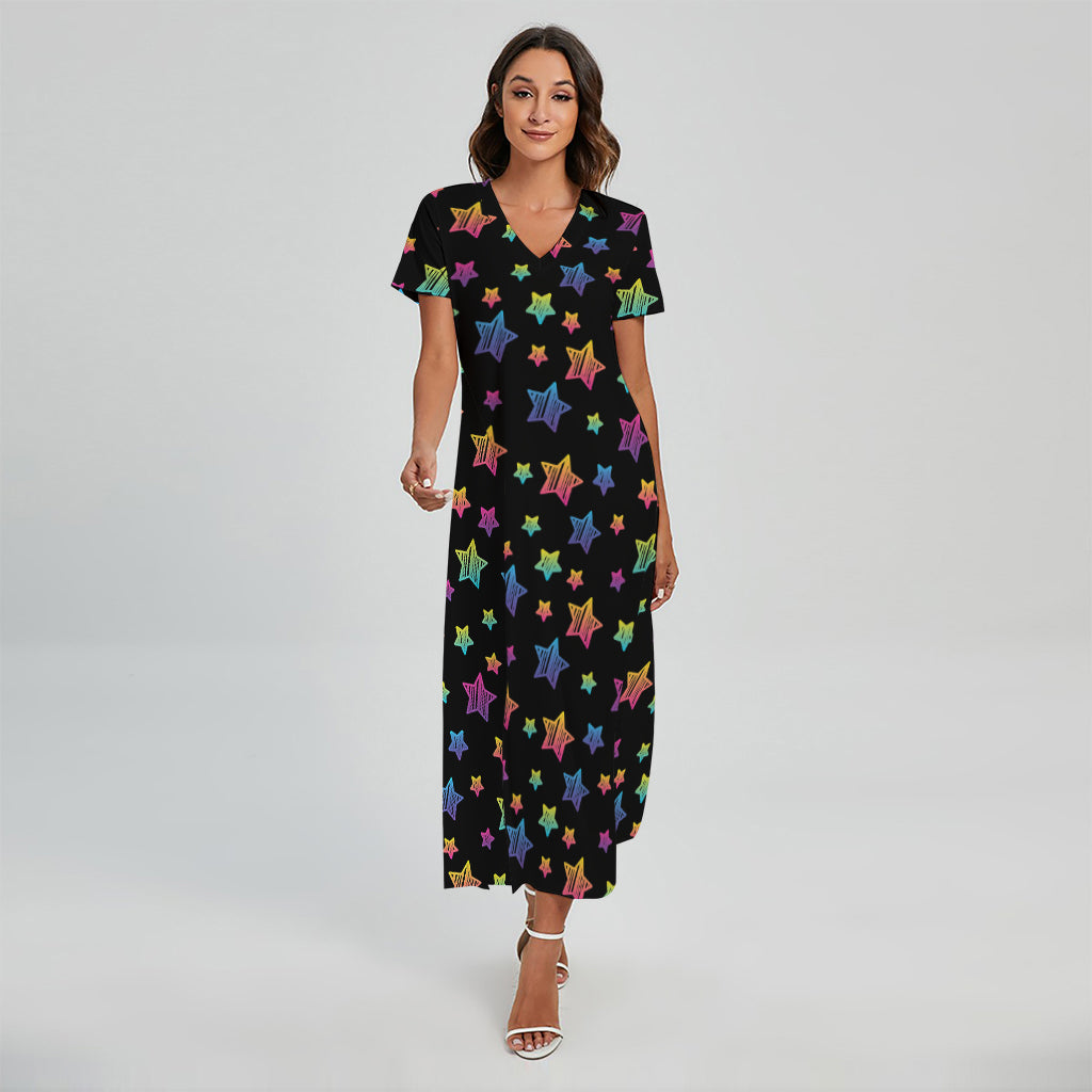 Rainbow Stars Pattern Print Short Sleeve Maxi Dress