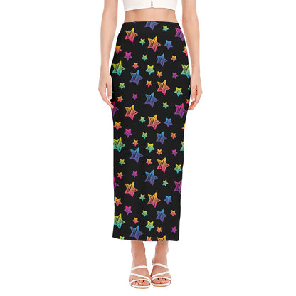 Rainbow Stars Pattern Print Side Slit Maxi Skirt