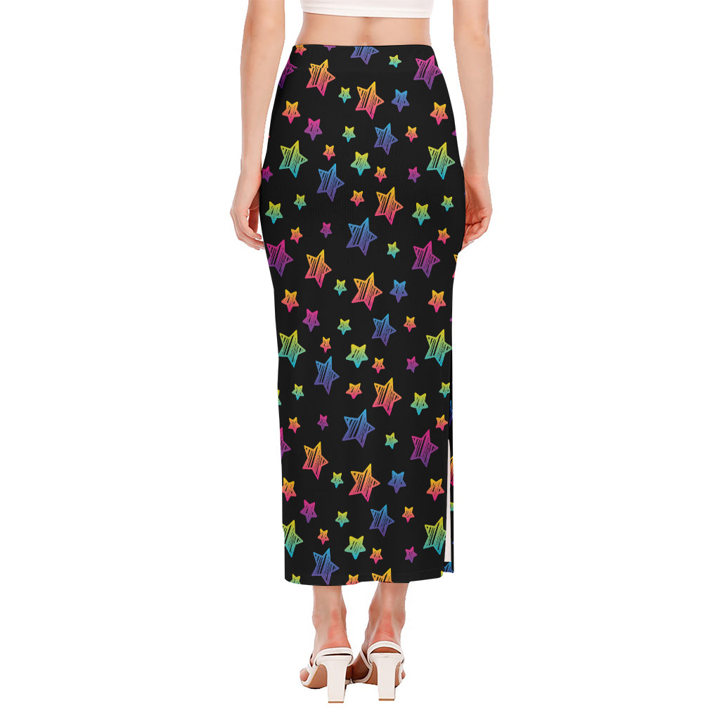 Rainbow Stars Pattern Print Side Slit Maxi Skirt